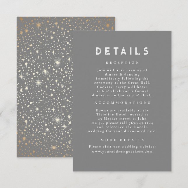 Starry Night Celestial Grey Wedding Details Enclosure Card (Front/Back)