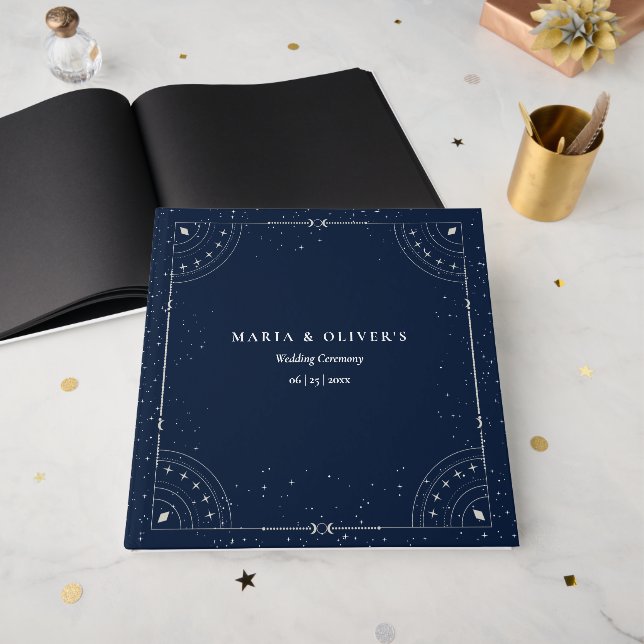 Starry Night Celestial Wedding Navy Blue Elegant Guest Book (Front Open)