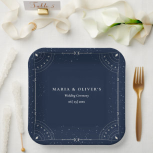 Starry Night Celestial Wedding Navy Blue Elegant Paper Plate