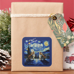 Starry Night Christmas Cat Lover Kittymas Fun Square Sticker