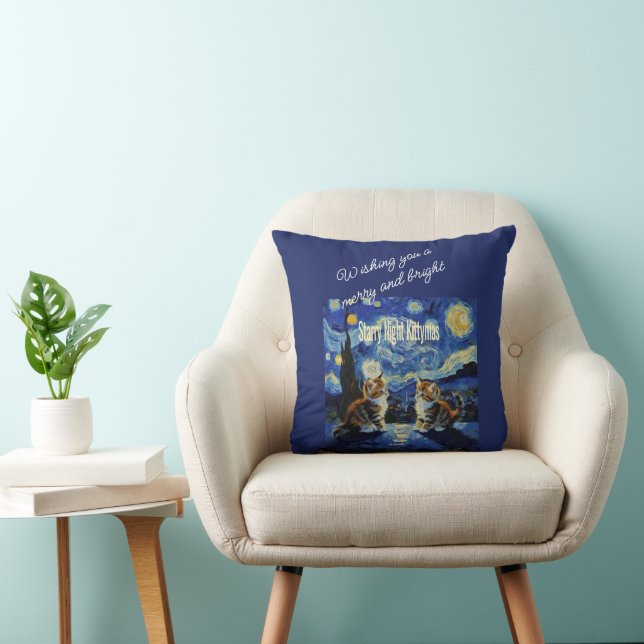 Starry Night Christmas Cat Lover Kittymas Fun Throw Pillow (Chair)
