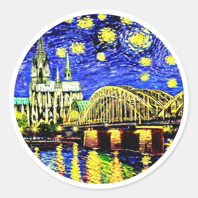 Starry Night Cologne Germany Cathedral Classic Round Sticker (Front)