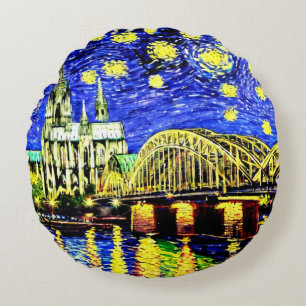 Starry Night Cologne Germany Cathedral Round Pillow