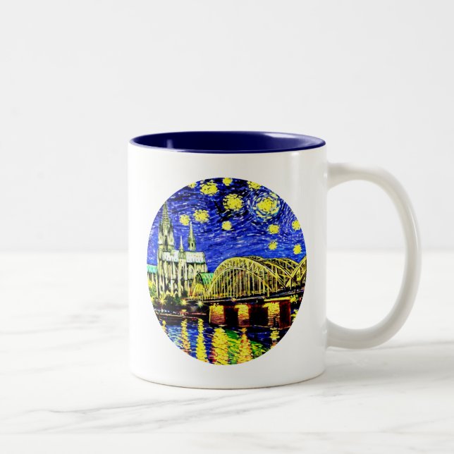 Starry Night Cologne Germany Cathedral Two-Tone Coffee Mug (Right)
