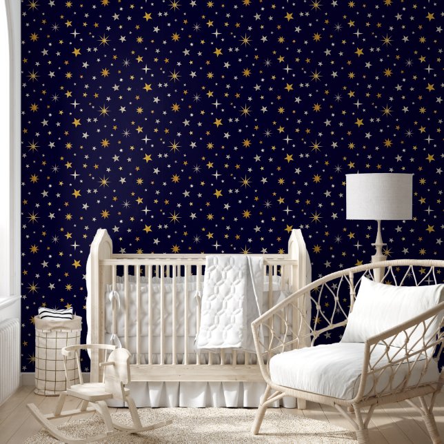    Starry Night Cute Fun Gender Neutral Navy Blue  Wallpaper (Kids)
