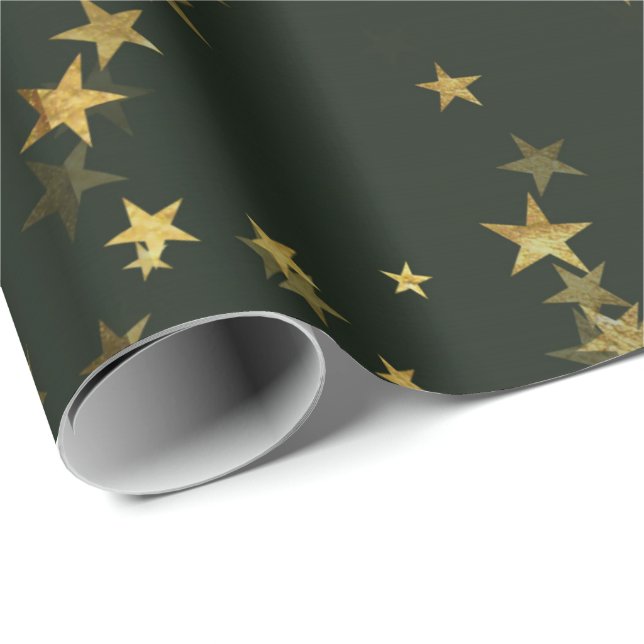 Starry Night Deep Green Forest Gold Confetti Wrapping Paper (Roll Corner)