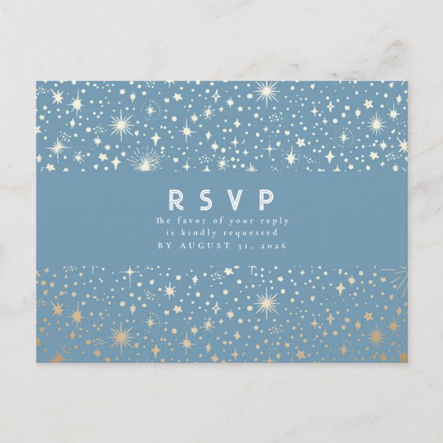 Starry Night Dusty Blue and Gold Wedding RSVP Postcard (Front)