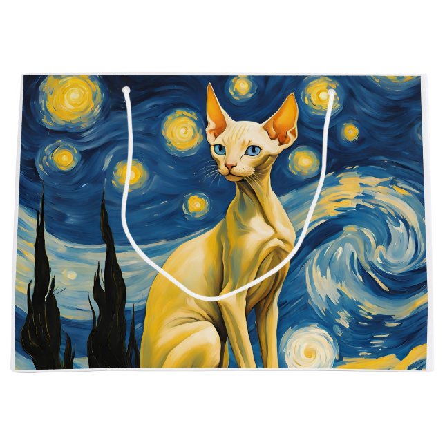 Starry Night Elf Sphynx Cat Art Party Supplies  Large Gift Bag (Front)