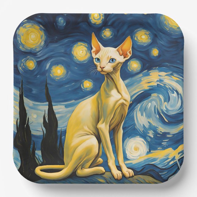  Starry Night Elf Sphynx Cat Celebration Paper Plate (Front)