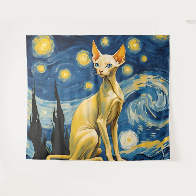 Starry Night Elf Sphynx Cat Wall Art Decor Tapestry (Front (Horizontal))