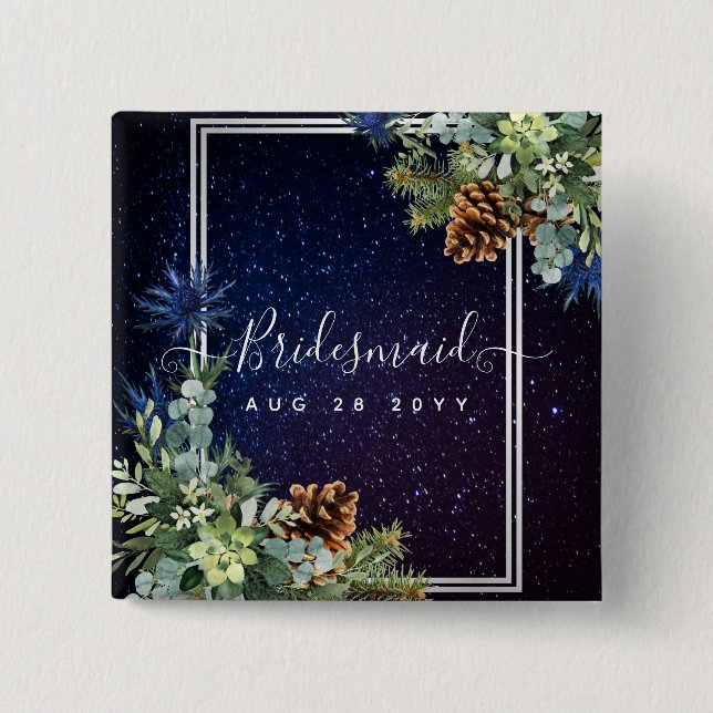 Starry Night Eucalyptus Blue Thistle WinterWedding 2 Inch Square Button (Front)
