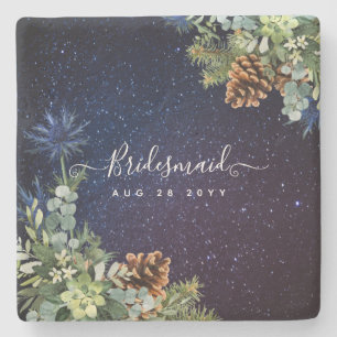 Starry Night Eucalyptus Blue Thistle WinterWedding Stone Coaster