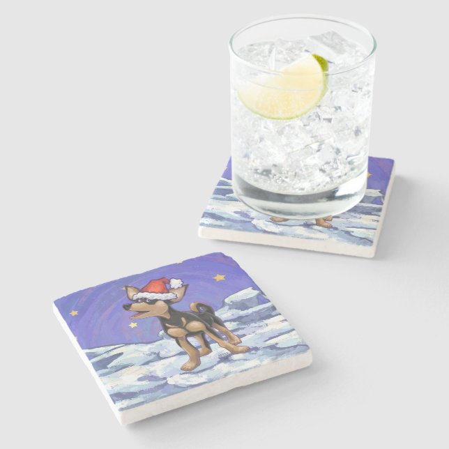 Starry Night Festive Chihuhua in Santa Hat Stone Coaster (Side)