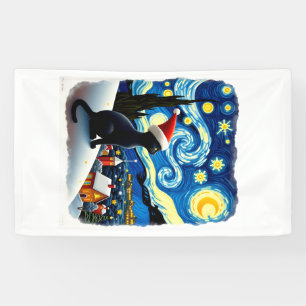 Starry Night Festive Christmas Black Cat Santa Hat Banner