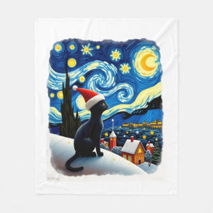 Starry Night Festive Christmas Black Cat Santa Hat Fleece Blanket
