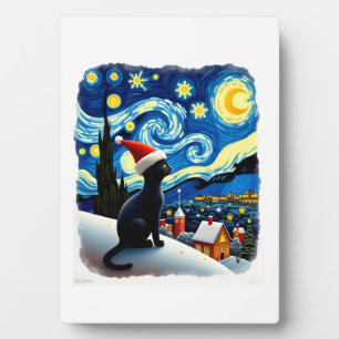Starry Night Festive Christmas Black Cat Santa Hat Plaque