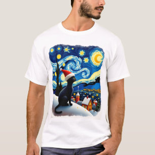 Starry Night Festive Christmas Black Cat Santa Hat T-Shirt