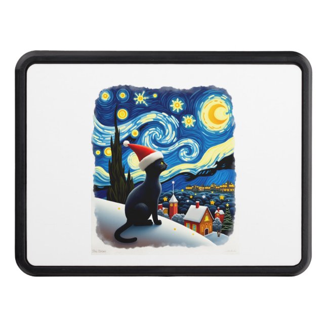 Starry Night Festive Christmas Black Cat Santa Hat Trailer Hitch Cover (Front)