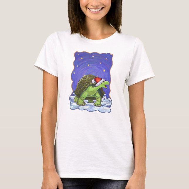 Starry Night Festive Tortoise in Santa Hat T-Shirt (Front)