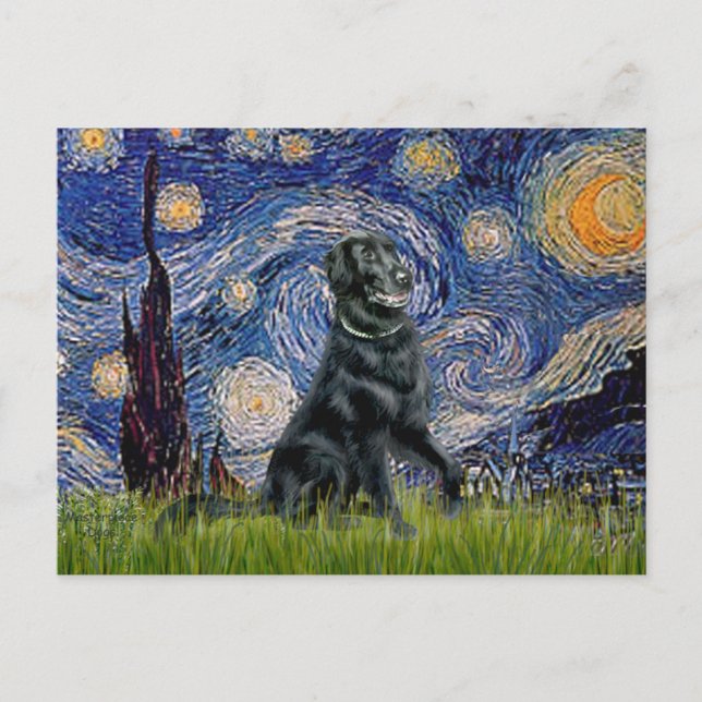 Starry Night - Flat Coated Retriever 2 Postcard (Front)