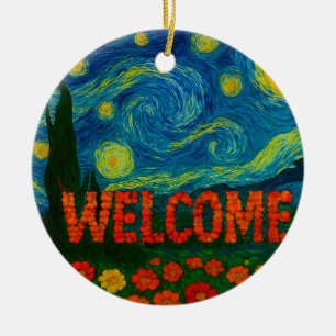 Starry Night Floral Welcome Artistic Design Ceramic Ornament