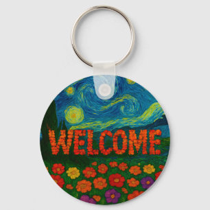 Starry Night Floral Welcome Artistic Design Keychain