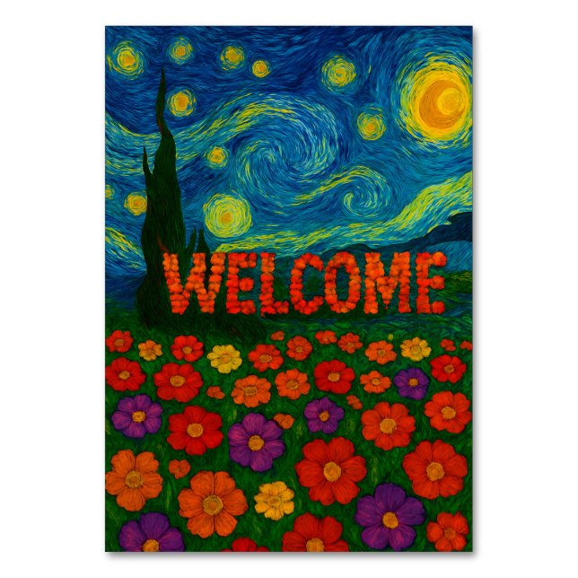 Starry Night Floral Welcome Artistic Design Table Number (Front)
