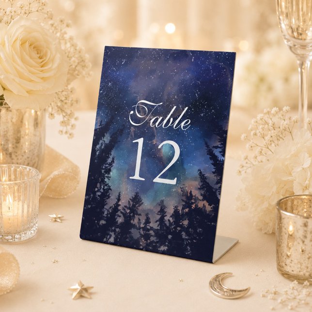 Starry Night Forest Celestial Wedding Table Number Pedestal Sign (Starry Night Forest Celestial Wedding Table Number Pedestal Sign on a celestial wedding table)