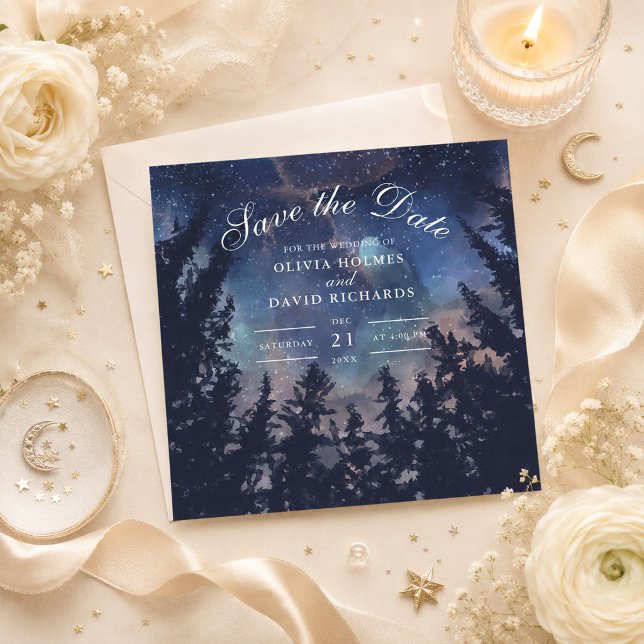 Starry Night Forest Save The Date Card (Starry Night Forest Celestial Save the Date on a table with flowers and celestial decor)