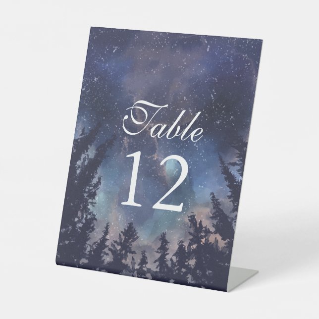 Starry Night Forest Wedding Table Numbers Pedestal Sign (Front)