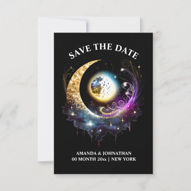 Starry night full moon celestial sky black pink save the date (Front)
