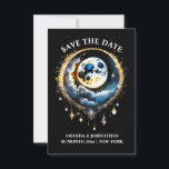 Starry night full moon celestial sky blue gold save the date<br><div class="desc">A beautiful white 3D looking full moon with ornate detail on it is resting on fluffy clouds that have twinkling blue stars glowing through them all set against a midnight black background that may be changed to any colour of your choice. This chic and stylish illustration is ideal for a...</div>
