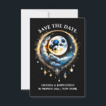 Starry night full moon celestial sky blue gold save the date<br><div class="desc">A beautiful white 3D looking full moon with ornate detail on it is resting on fluffy clouds that have twinkling blue stars glowing through them all set against a midnight black background that may be changed to any colour of your choice. This chic and stylish illustration is ideal for a...</div>