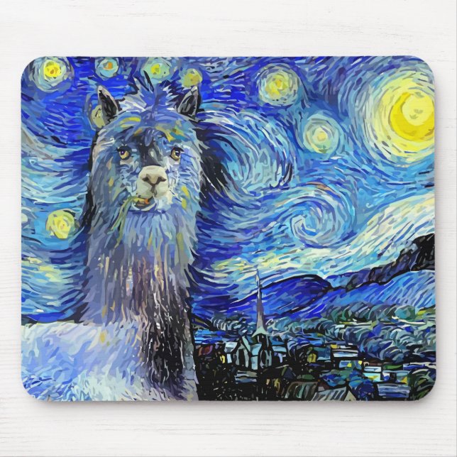 Starry Night Funny Alpaca Landscape Parody Mouse Pad (Front)