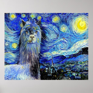 Starry Night Funny Alpaca Landscape Parody Poster