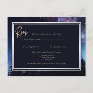 Starry Night Galaxy Wedding RSVP Navy Gold Postcard