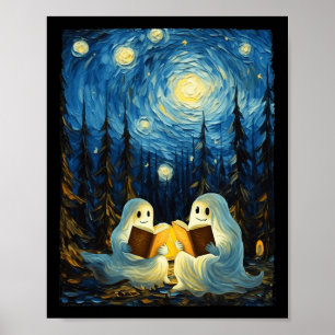 Starry Night Ghost Book Reading Camping Halloween  Poster