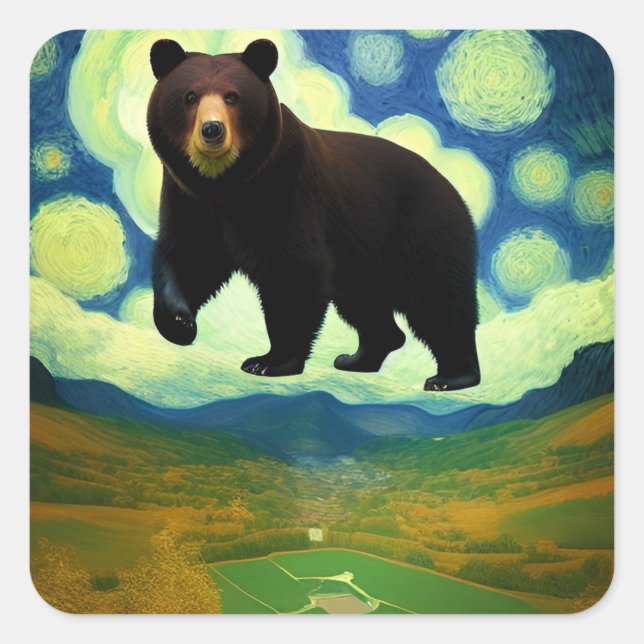 Starry night giant bear square sticker (Front)