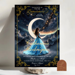 Starry Night Gold Baby Blue Quinceañera Invitation