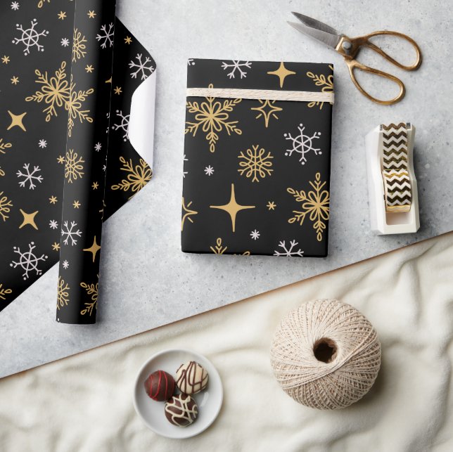 Starry Night Gold Snowflake Holiday Christmas Gift Wrapping Paper (Crafts)