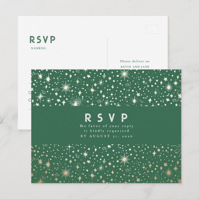 Starry Night Green and Gold Wedding RSVP Postcard (Front/Back)