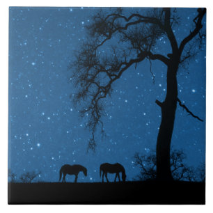 Starry Night Horses and Oak Tree Art Tile