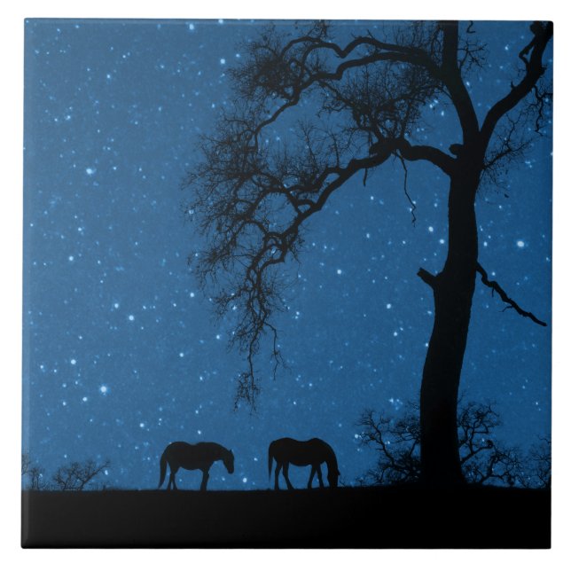Starry Night Horses and Oak Tree Art Tile (Front)