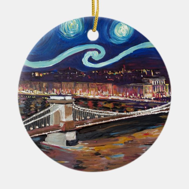 Starry Night in Budapest Hungary with Parliament Ceramic Ornament (Front)