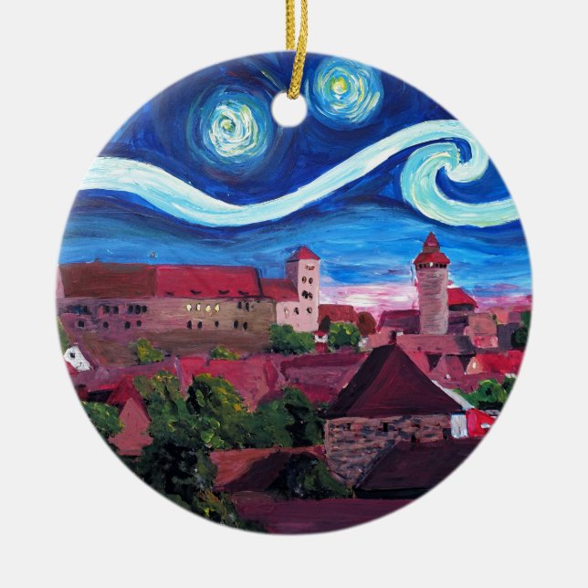Starry Night in Nuremberg Germany with Castle Ceramic Ornament (Front)