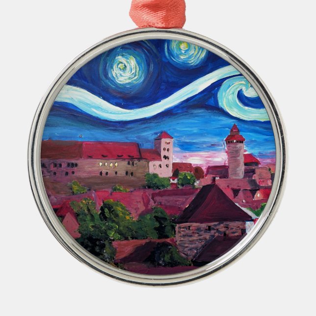 Starry Night in Nuremberg Germany with Castle Metal Ornament (Front)