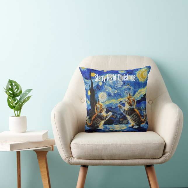 Starry Night Kittymas Christmas Spoof Throw Pillow (Chair)