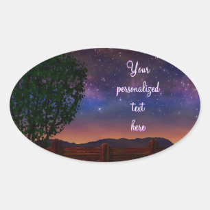 Starry Night Landscape - with customizable text - Oval Sticker