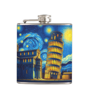 Starry Night Leaning Tower Of Pisa Italy Hip Flask