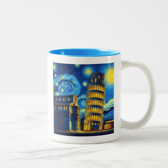 Starry Night Leaning Tower Of Pisa Italy Two-Tone Coffee Mug (Right)